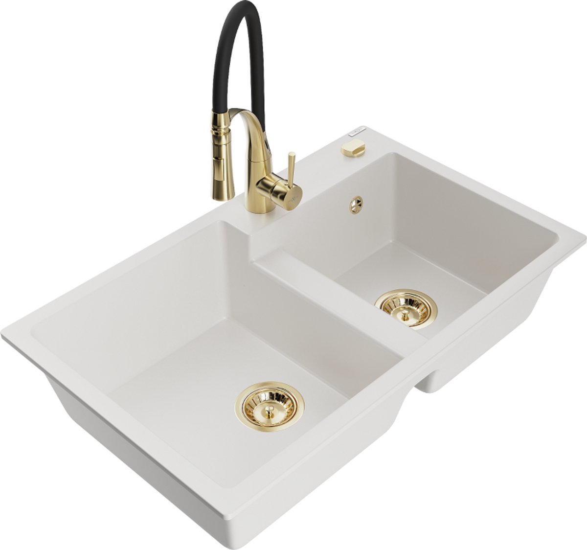 Mexen Tomas granieten spoelbak 2-kamer met keukenmengkraan Aster, wit - 6516-20-73450-57-G