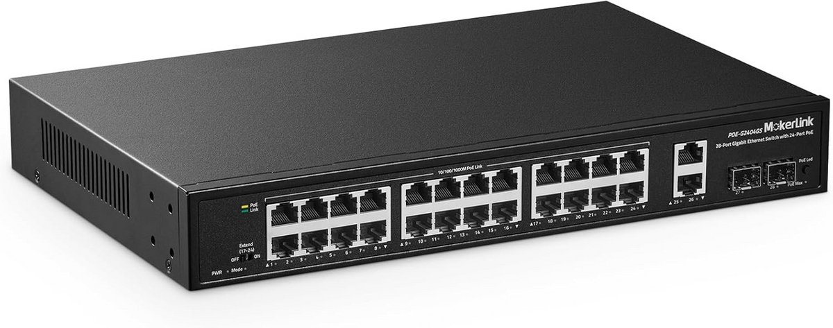 28-Poorts Gigabit PoE+ Switch met 24 PoE poorten, 2 SFP Uplink, 300W Vermogen, Rackmonteerbaar