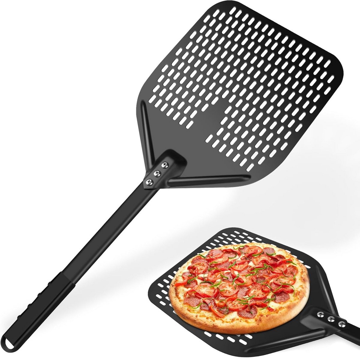 Geperforeerde Pizzaschep 30 cm - Hard Geanodiseerd Aluminium met Afneembare Handgreep voor Oven, Pizza, Brood, Cake