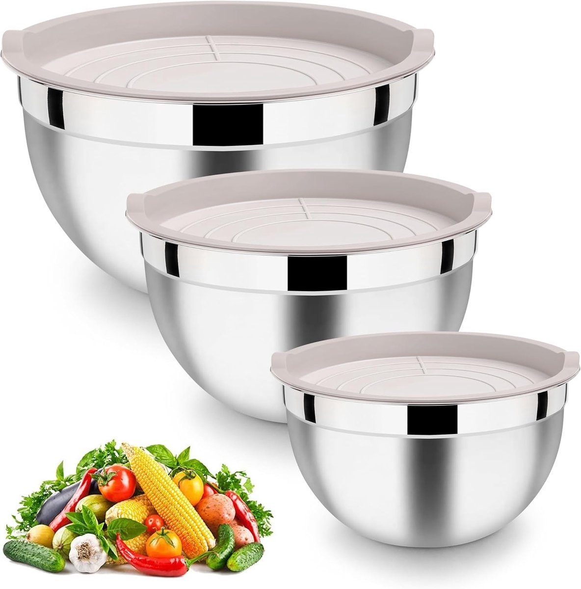 Mixing Bowl Set - Rvs Mengkommen - 3-Piece Set met Luchtdichte Deksel - Perfect voor Bakken en Koken - Stapelbaar en Vaatwasserbestendig - 4.5L, 2.7L, 1.5L - Khaki