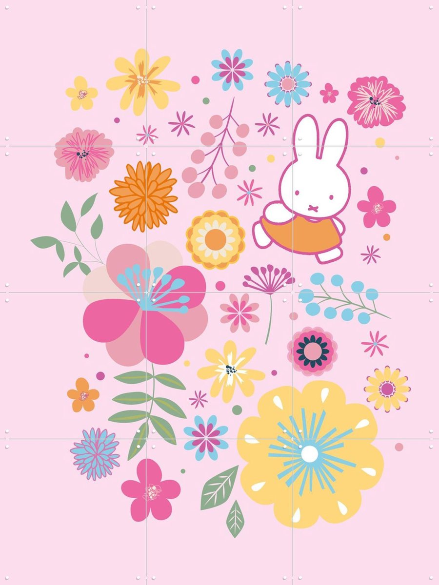 IXXI Nijntje met Bloemen - Roze, Nijntje - 60 x 80 cm - Gratis ophangtool - Grote wanddecoratie en posters - Speels, Decoratieve kunsten, Kleurrijk