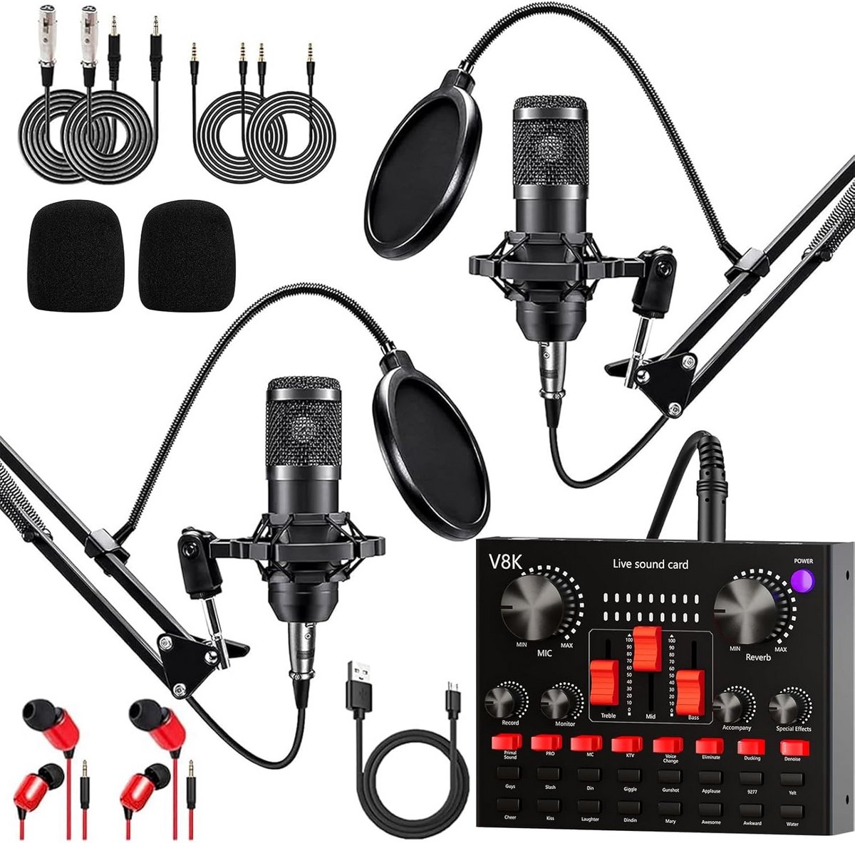 Podcast-apparatuurbundel voor 2 met audio-interface, BM800 cardioïde microfoon en alles-in-één DJ-mixer - ideaal voor livestreaming en YouTube