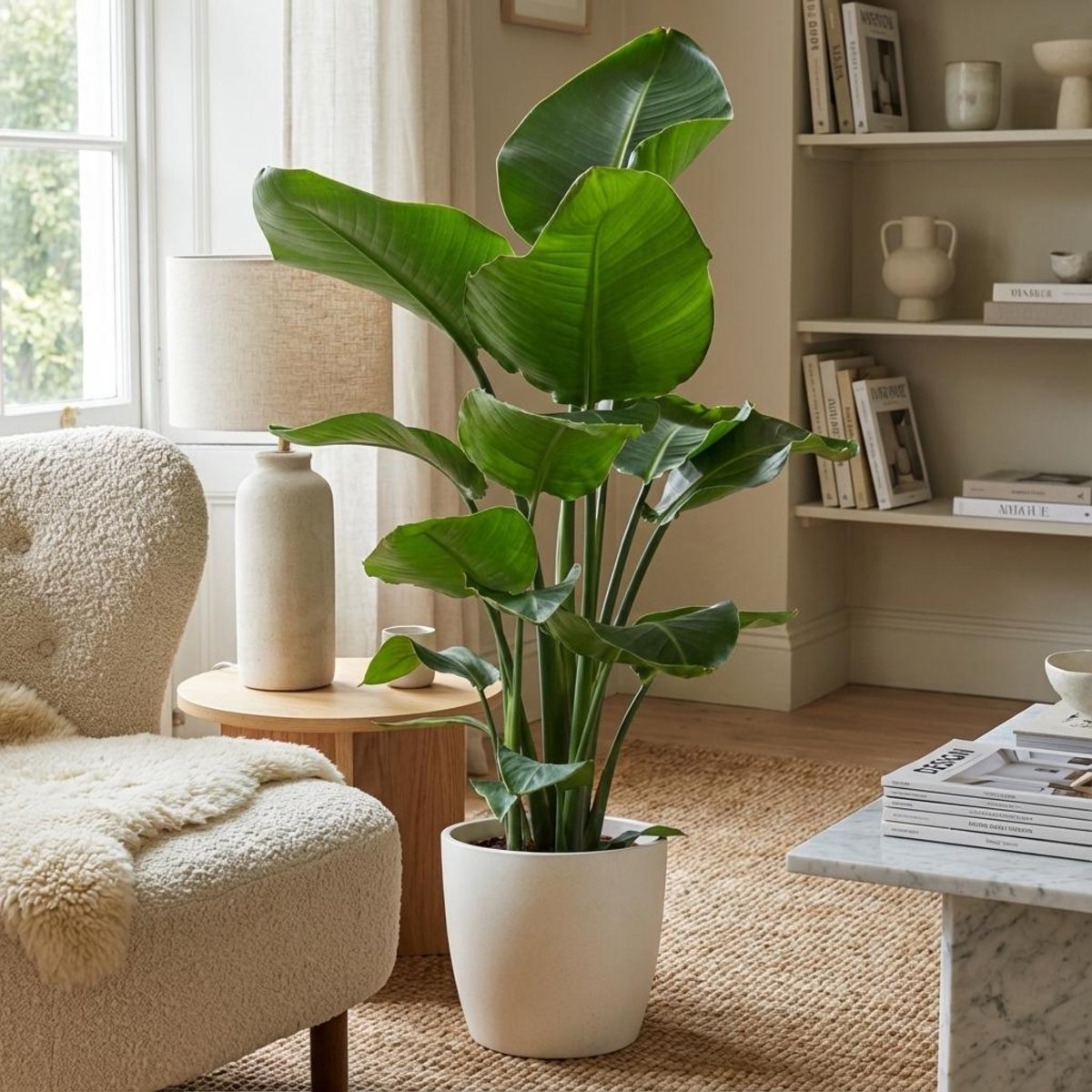Green BoutiQ - Kamerplant - Paradijsvogelplant - Stelitzia Nicolai - Groen - Weinig Onderhoud - 1 Plant - Met Potter Wit - Pot 21cm - Hoogte 80 - 90cm