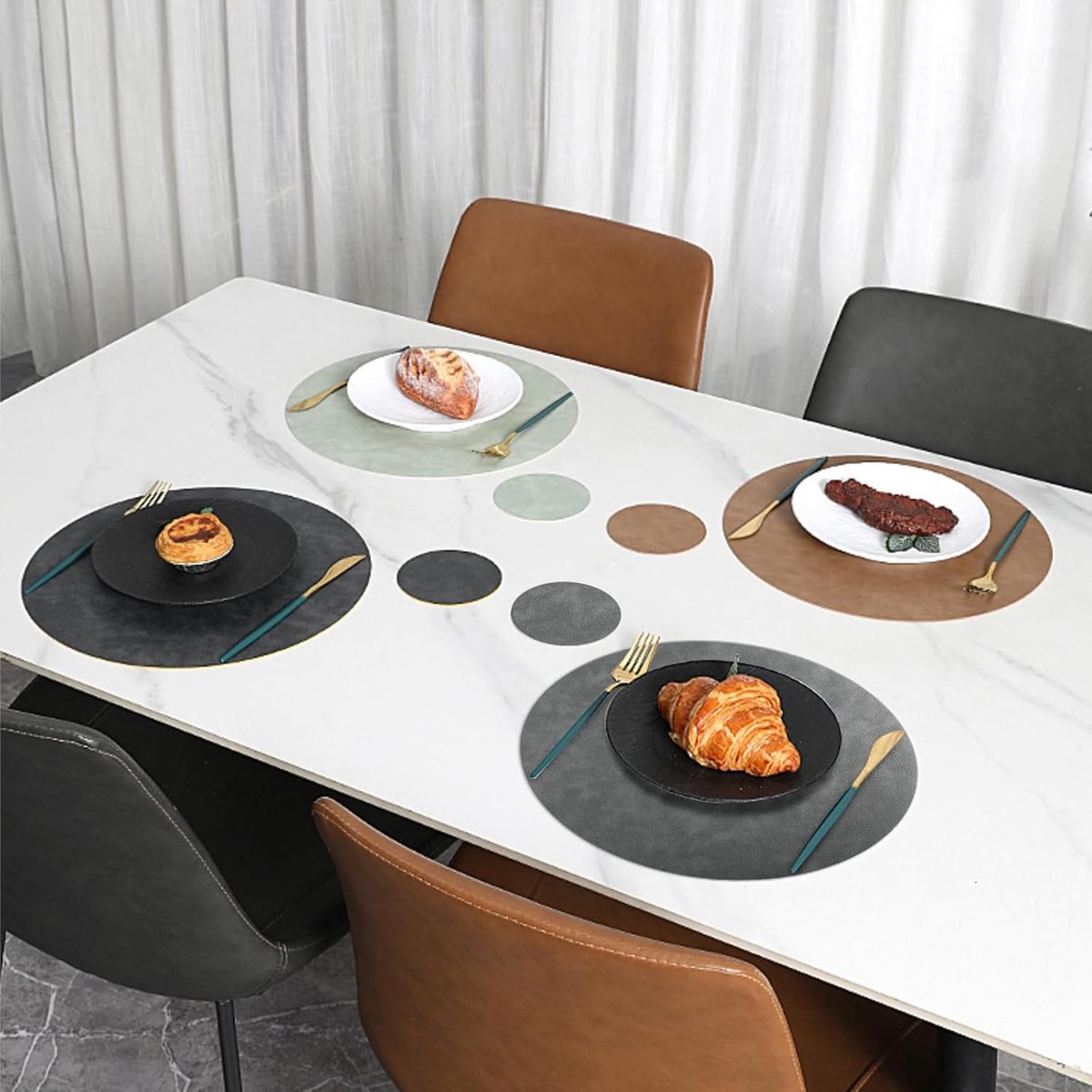 Set van 4 Ronde Tafelmatten Leerlook Wasbaar Antislip Hittebestendig Dubbelzijdig