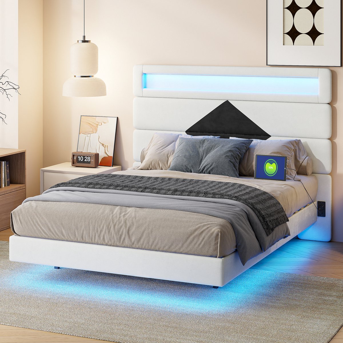 Solvenrik Zwevend Bed 140x190 met LED & USB – Velvet Bed met Ruit Design Beige/Ruit