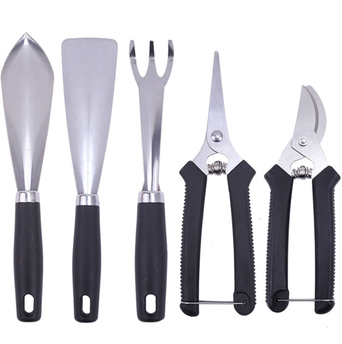 5-Delige RVS Tuingereedschap Set – Troffel, Hark, Snoeischaar & Fruitschaartjes – Voor Tuin, Fruitbomen & Boomgaarden