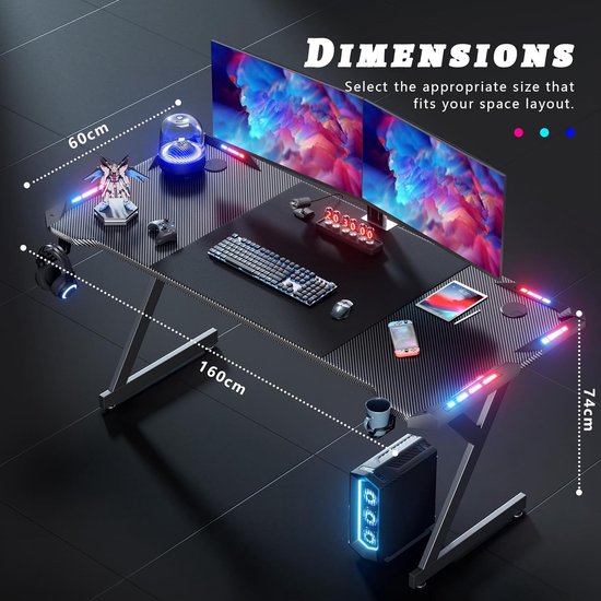 LED Gamingbureau 160 × 60 cm met Koolstofvezel Blad, Ergonomisch met Bekerhouder en Hoofdtelefoonhaak - Zwart — afbeelding 3