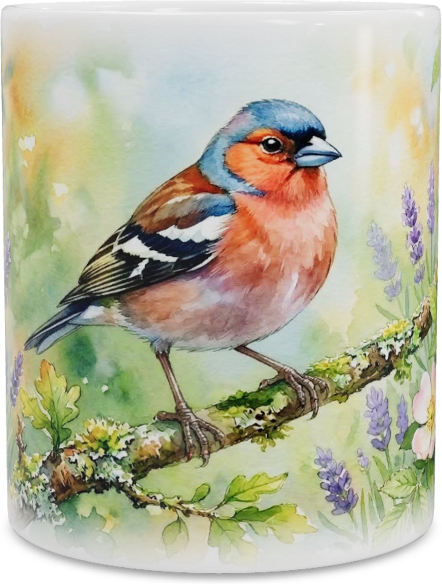 Vrolijke "Aquarel Series" Mok met Prachtige Vink & Roze Bloesem - Geweldig Tuinvogel Cadeau voor Liefhebbers van de Natuur voor haar: Vrouw, Vriendin of Collega - Vogel Cadeautje Koffiemok & Theebeker voor Thuis of op het Werk & Kantoor