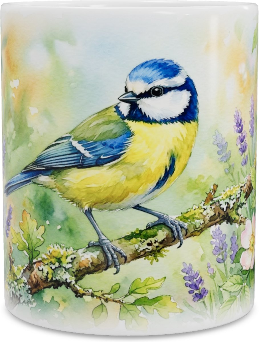 Mok met Pimpelmees "Aquarel Series" Kunst - Schattige Koffiemok & Theebeker met Tuinvogel - Natuur Design voor Thuis & Kantoor - Perfect Cadeau voor haar: Vrouw, Vriendin of Collega - Vogelmok met Botanische Bloemen voor Natuurliefhebbers