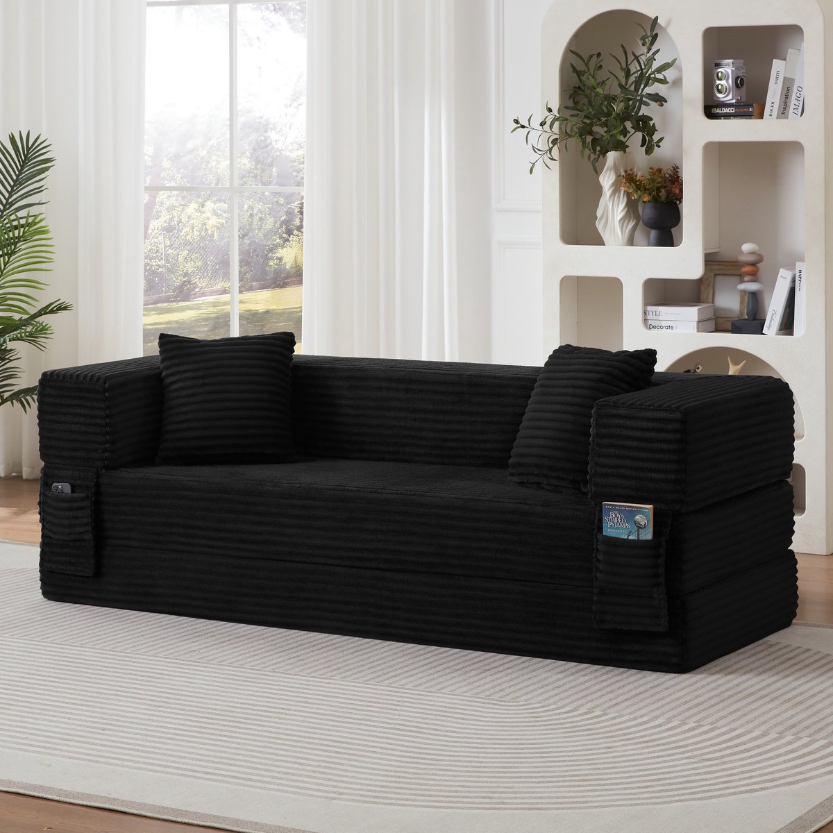 PHOEBE CAT Bank - Corduroy - Slaapbank - Slaapfunctie - Geen montage nodig - Zwart