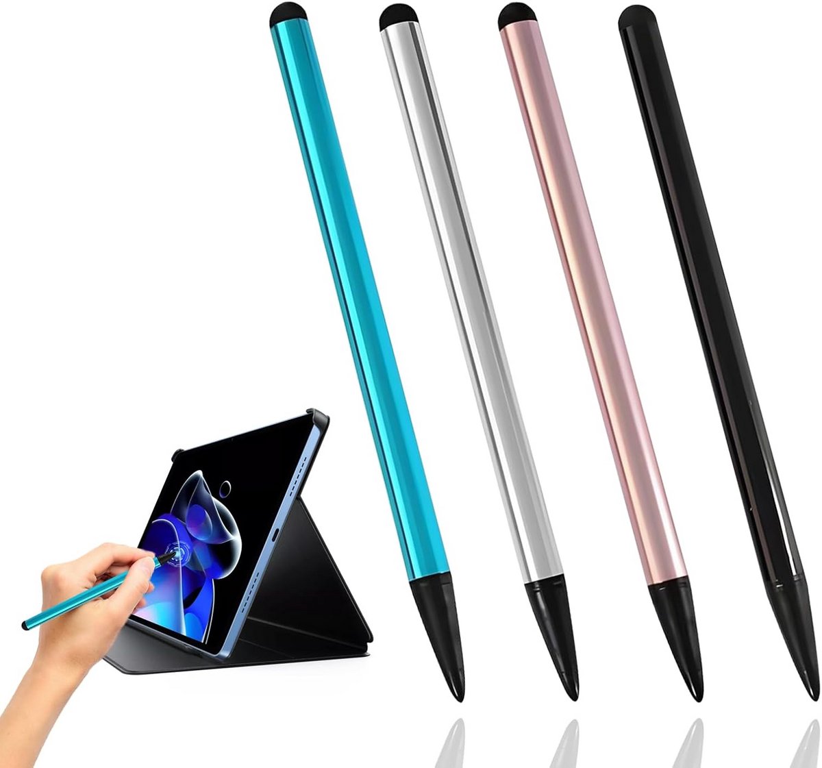 Set van 4 Universale Capacitieve Styluspennen - 2-in-1 Design voor Tablets, Smartphones en E-readers - Kratervaste Rubberpunten - Direct Gebruiksklaar