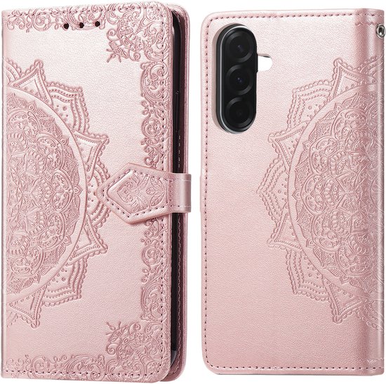 Étui de téléphone rose avec motif en relief mandala et fermoir.