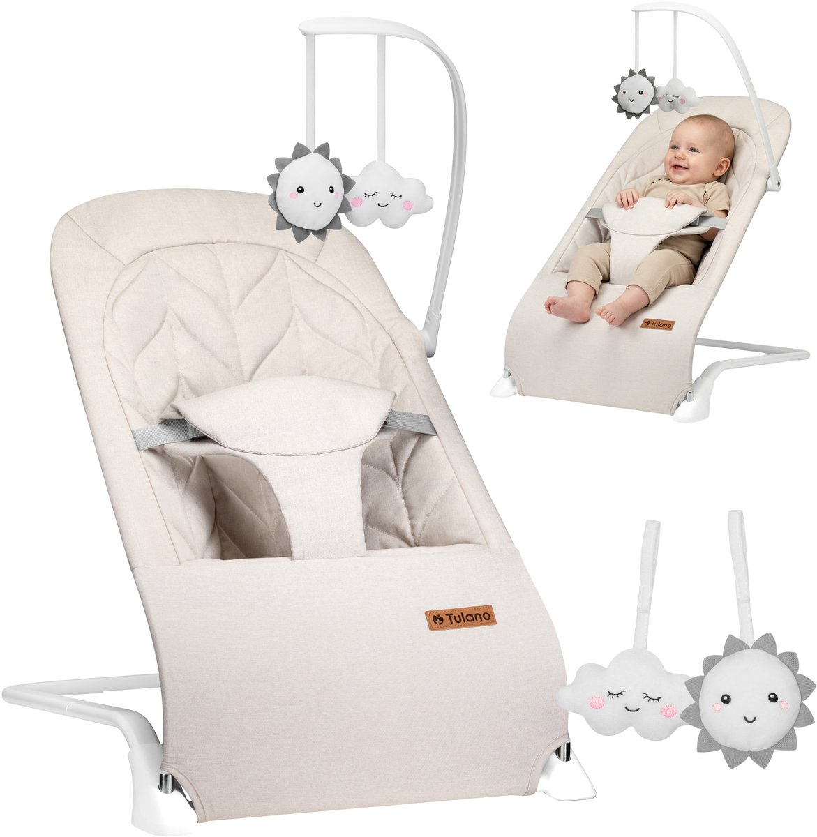 Tulano Moon 10 Baby Wipstoel - Verstelbare Baby Bouncer met Speelboog & 3-Punts Gordel - Tot 9 kg - Beige
