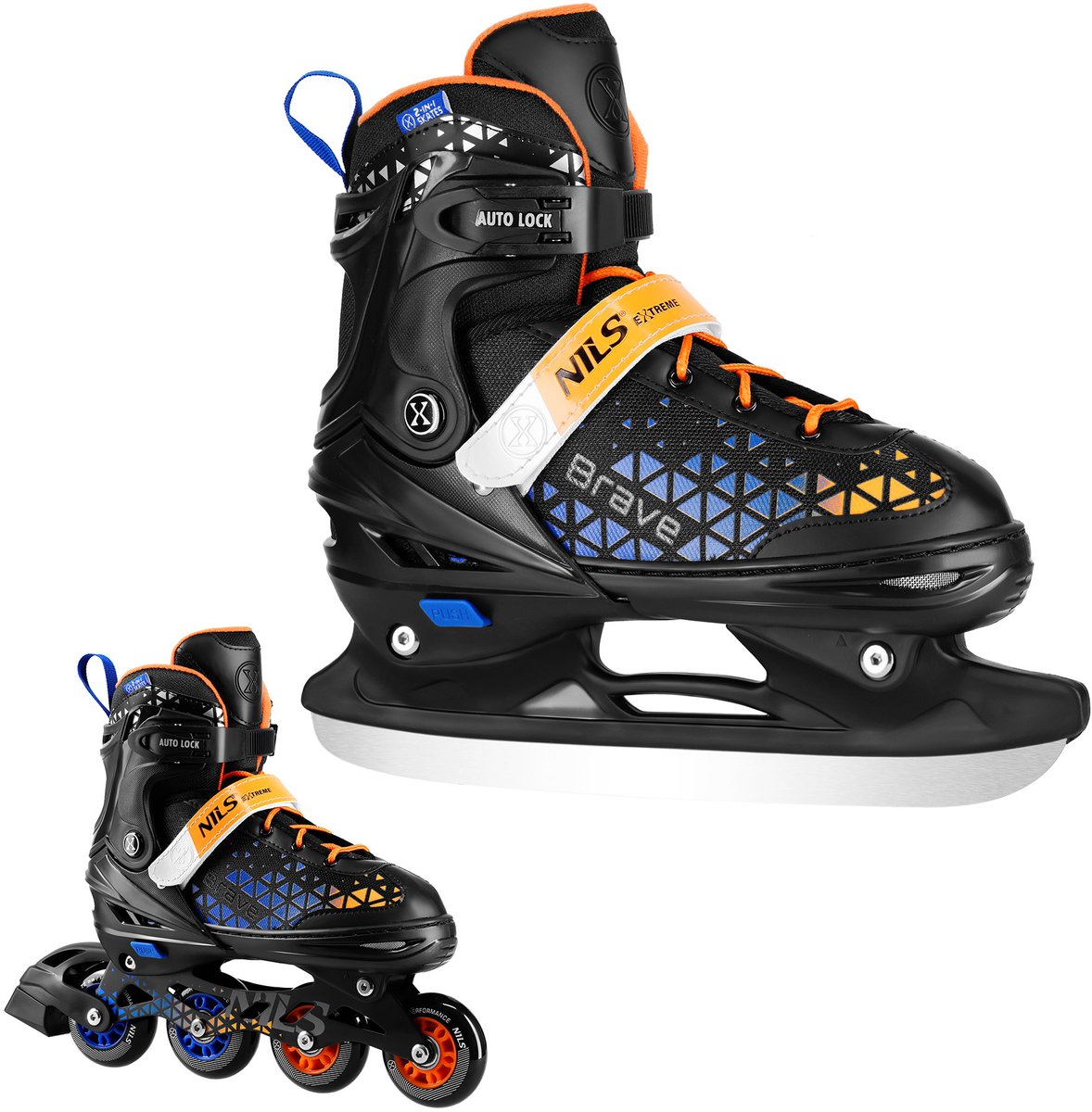 Nils Extreme BRAVE Serie - 2-in-1 Rolschaatsen en Schaatsen - Blauw-Oranje - Maat L (39-43)