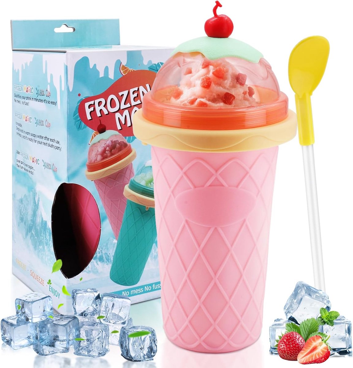 Slushy maker beker – Siliconen, herbruikbaar, met rietje en lepel, roze