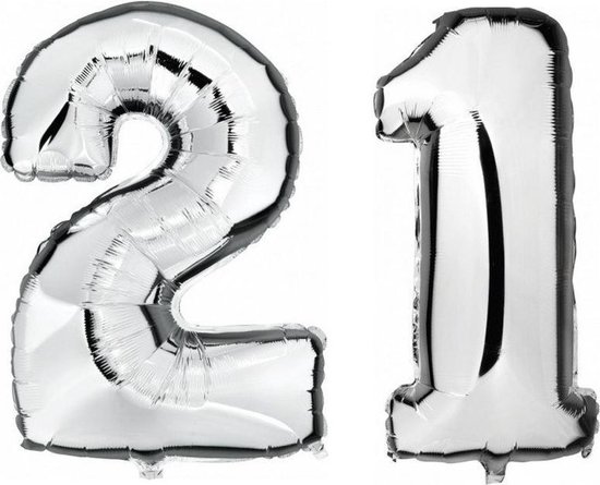 21 jaar zilveren folie ballonnen 88 cm leeftijd/cijfer - Leeftijdsartikelen 21e verjaardag versiering - Heliumballonnen