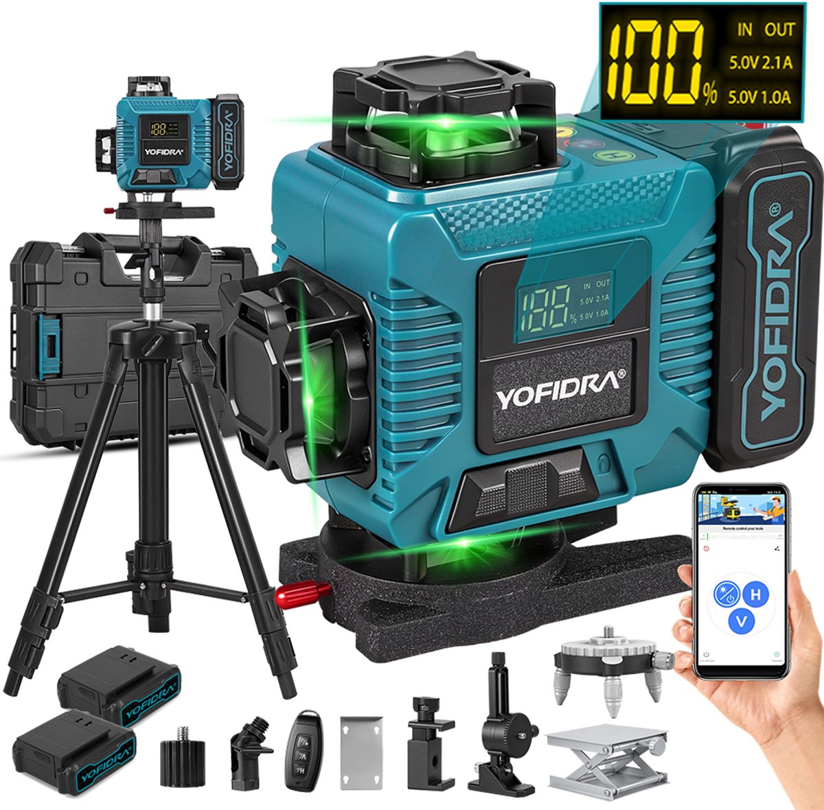 Yofidra 4D Kruislijnlaser met Statief - Zelfnivellerend Bouwlaser - met 2x accu's en 1m Statief - 360 Graden Rotatie - Bluetooth App - Laser Waterpas