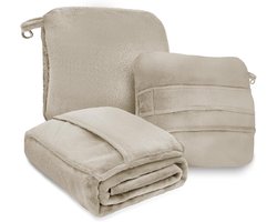 4-in-1 Compact Dekenkussen Superzacht Fleece met Rugzakclip en Bagagehoes, Bruin, 152 cm x 115 cm