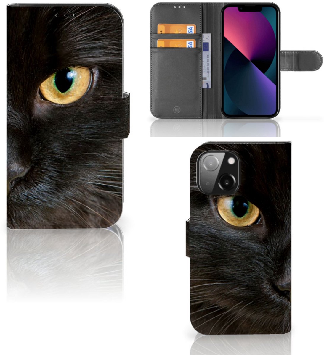iPhone 13 Mini Telefoonhoesje met Pasjes Zwarte Kat