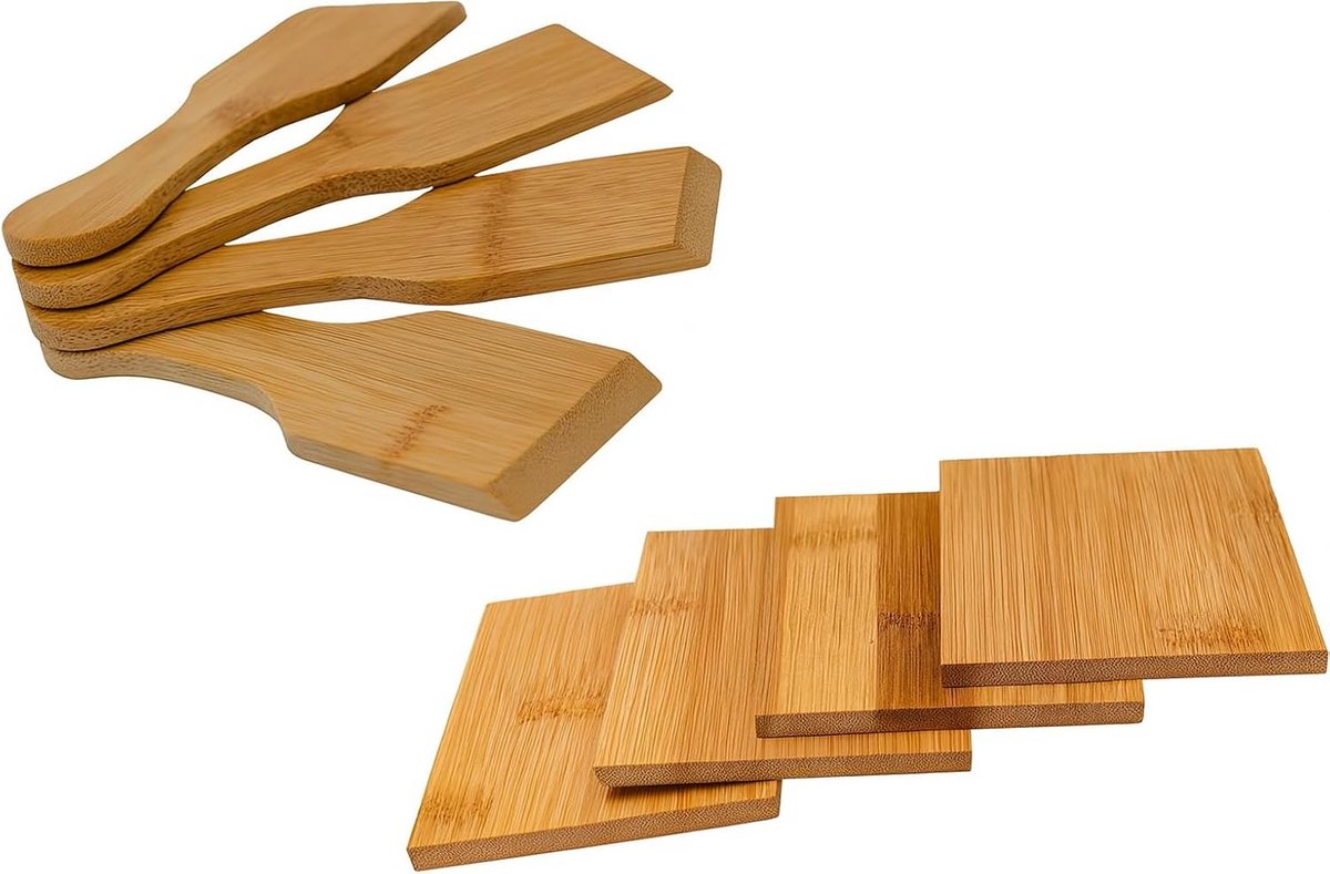 Raclette Accessoires Set van 8 | Bamboe Schrapers en Onderzetters | Milieuvriendelijk Keuken