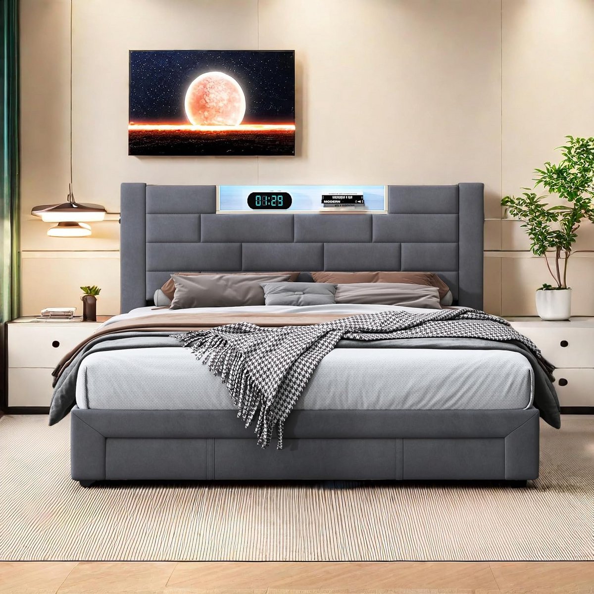 Tweepersoonsbed 160x200cm met boxspring, LED verlichting en USB oplaadfunctie, opbergruimte met lades, grijs fluweel
