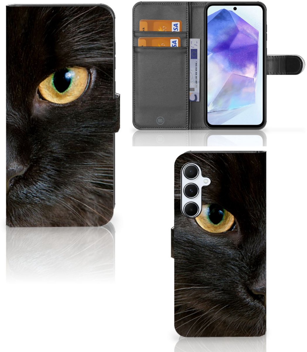 Samsung Galaxy A55 Telefoonhoesje met Pasjes Zwarte Kat