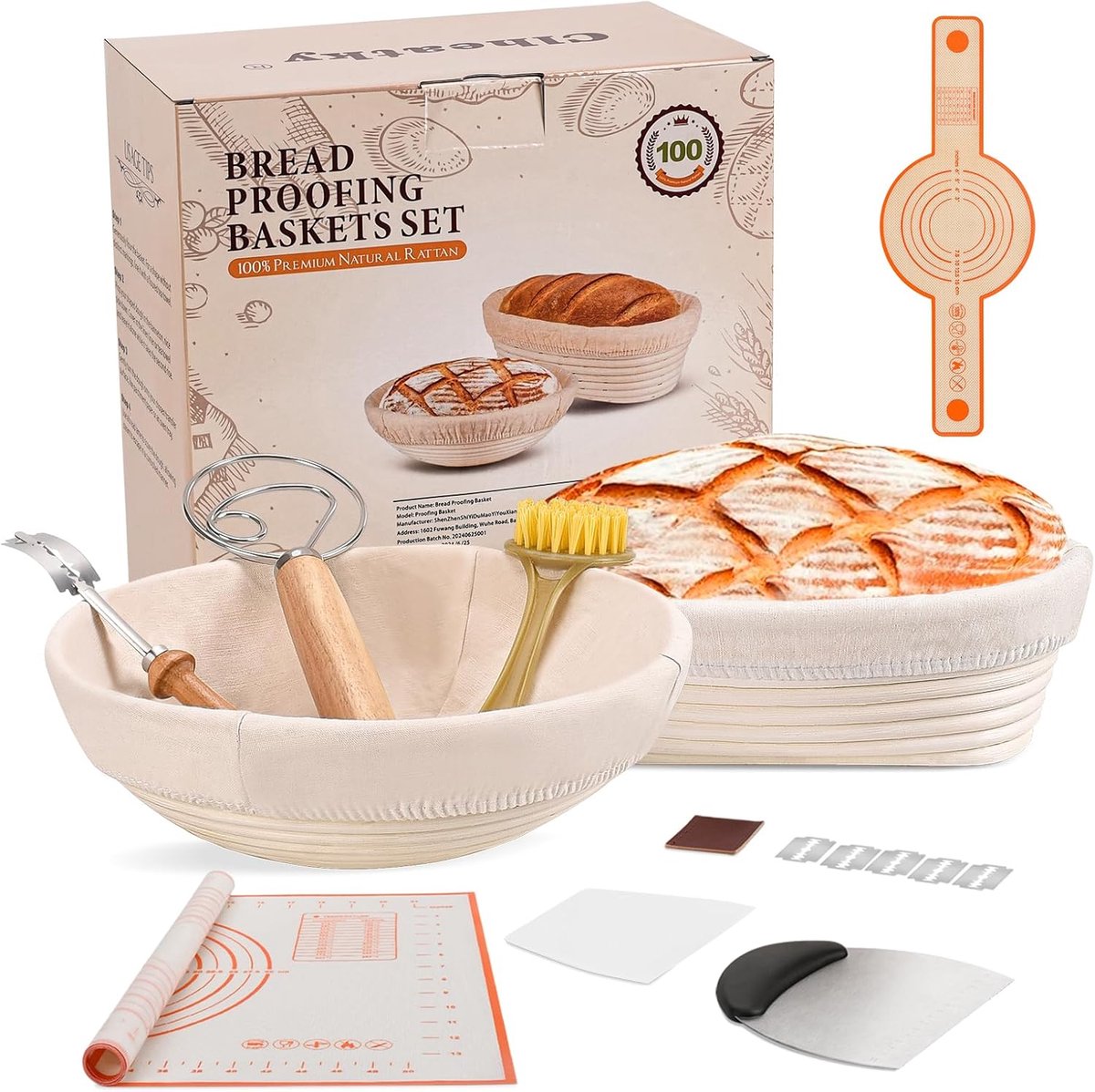 Gaarmandje Rond 25 cm - Fermentatie- en Broodmand Set Met Deegschraper