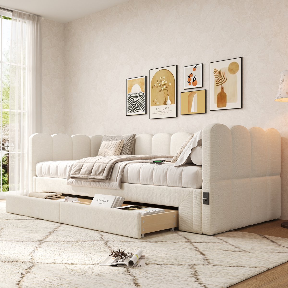 Wishdor Slaapbank - Uitschuifbaar Tot 180x200 Cm - Met 2 Opberglades - Met Usb-En Type-C-Aansluitingen - Linnen - Beige - 90x200 Cm