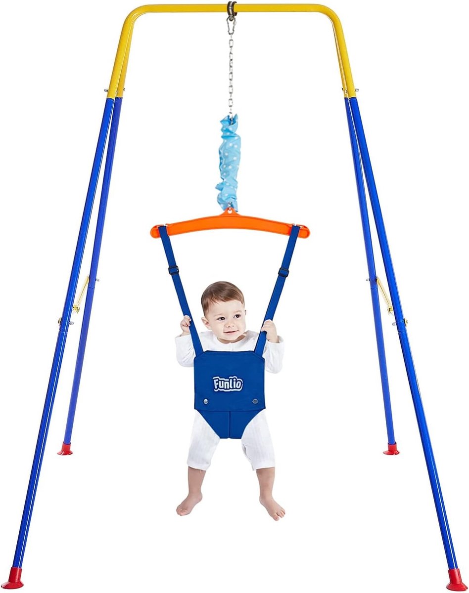 FUNLIO Baby Deur Jumper met standaard voor 6-24 maanden, babytrui voor binnen/buiten spelen, peutertrui voor babymeisje/jongen, met verstelbare ketting, eenvoudig te monteren en op te bergen