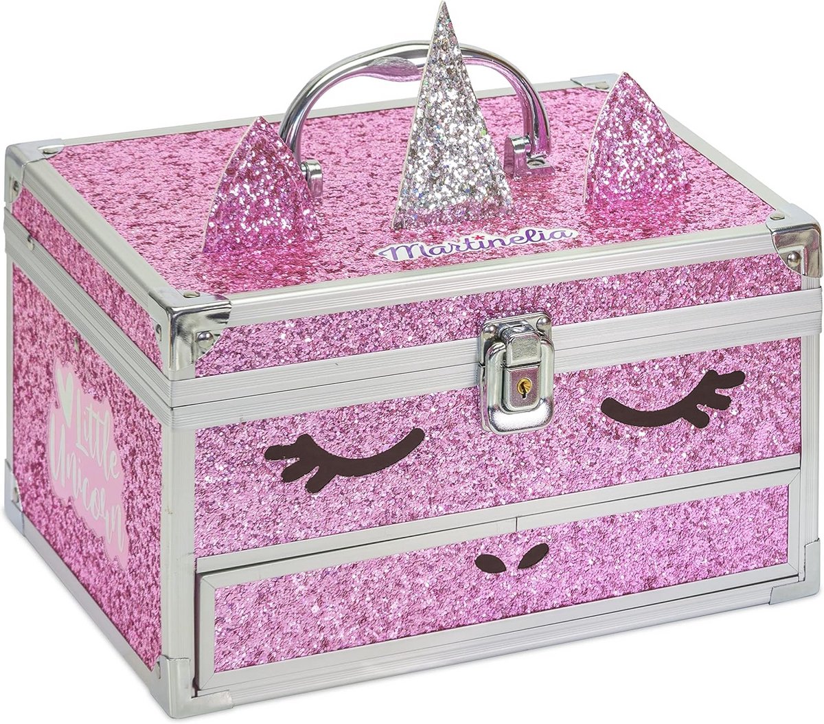 Drie-etages make-upkoffer met eenhoornmotief - Roze, 20 cm