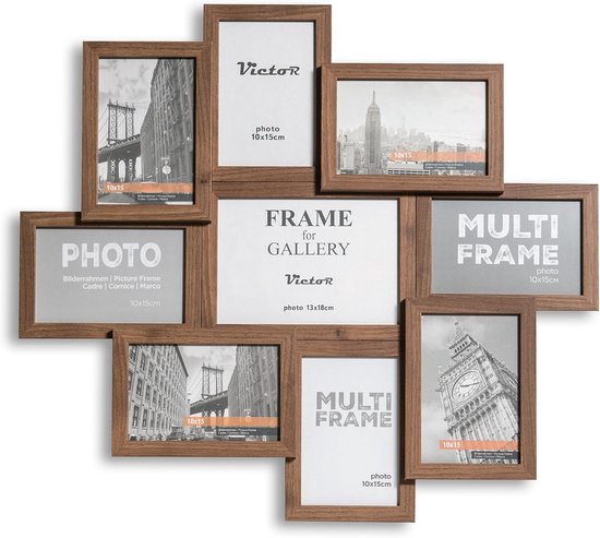 Bruine houten fotolijst met 'FRAME for GALLERY' in het midden en 'PHOTO' en 'MULTI FRAME' op de zijkanten. Bevat foto's van de Brooklyn Bridge en Big Ben.