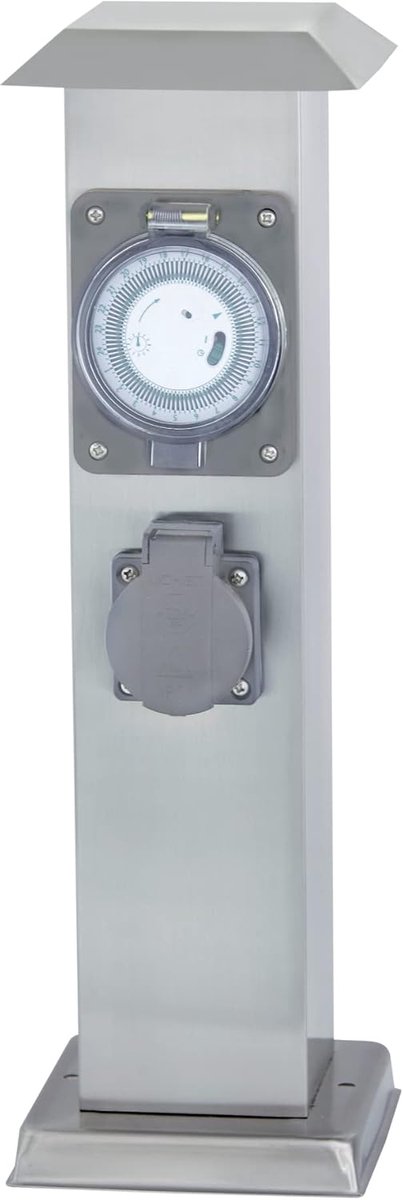 Roestvrijstalen Zuil met Timer en 2 Stopcontacten voor Buiten - IP44 - Spatwaterdicht