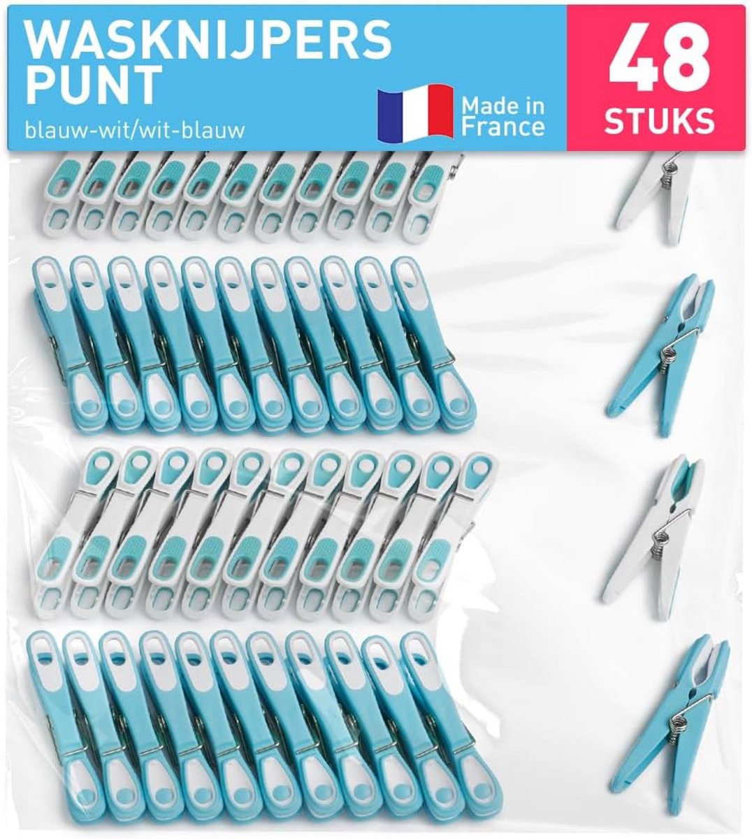 Premium Wasknijpers Stip Ecoline - 48 Stuks in Blauw-Wit voor Duurzaam Gebruik