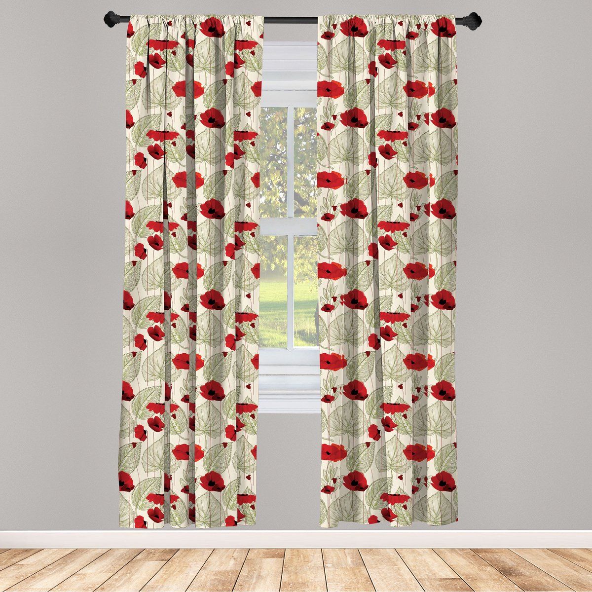 ABAKUHAUS Papavergordijnen, Schetsbladeren Landelijke Flora, voor Woonkamer en Slaapkamer, 2 stuks 75 cm B x 245 cm H, Scharlaken Varen Groe