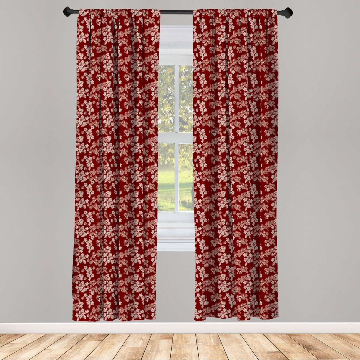 ABAKUHAUS Bloemengordijnen, Oosterse Bloemen, Raamdecoratie voor Woonkamer en Slaapkamer, 2 stuks 75 cm B x 225 cm H, Bordeauxrood