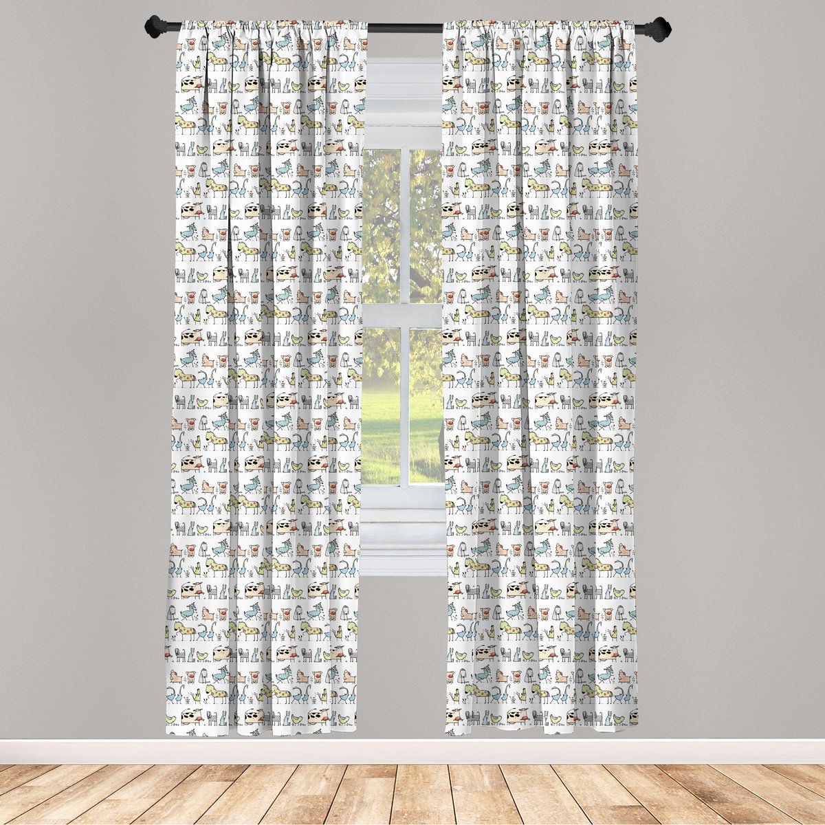 ABAKUHAUS Retro Gordijnen, Cartoon Dorpsdieren, Raamdecoratie voor Woonkamer en Slaapkamer, 2 stuks 75 cm B x 175 cm H, Geel Beige
