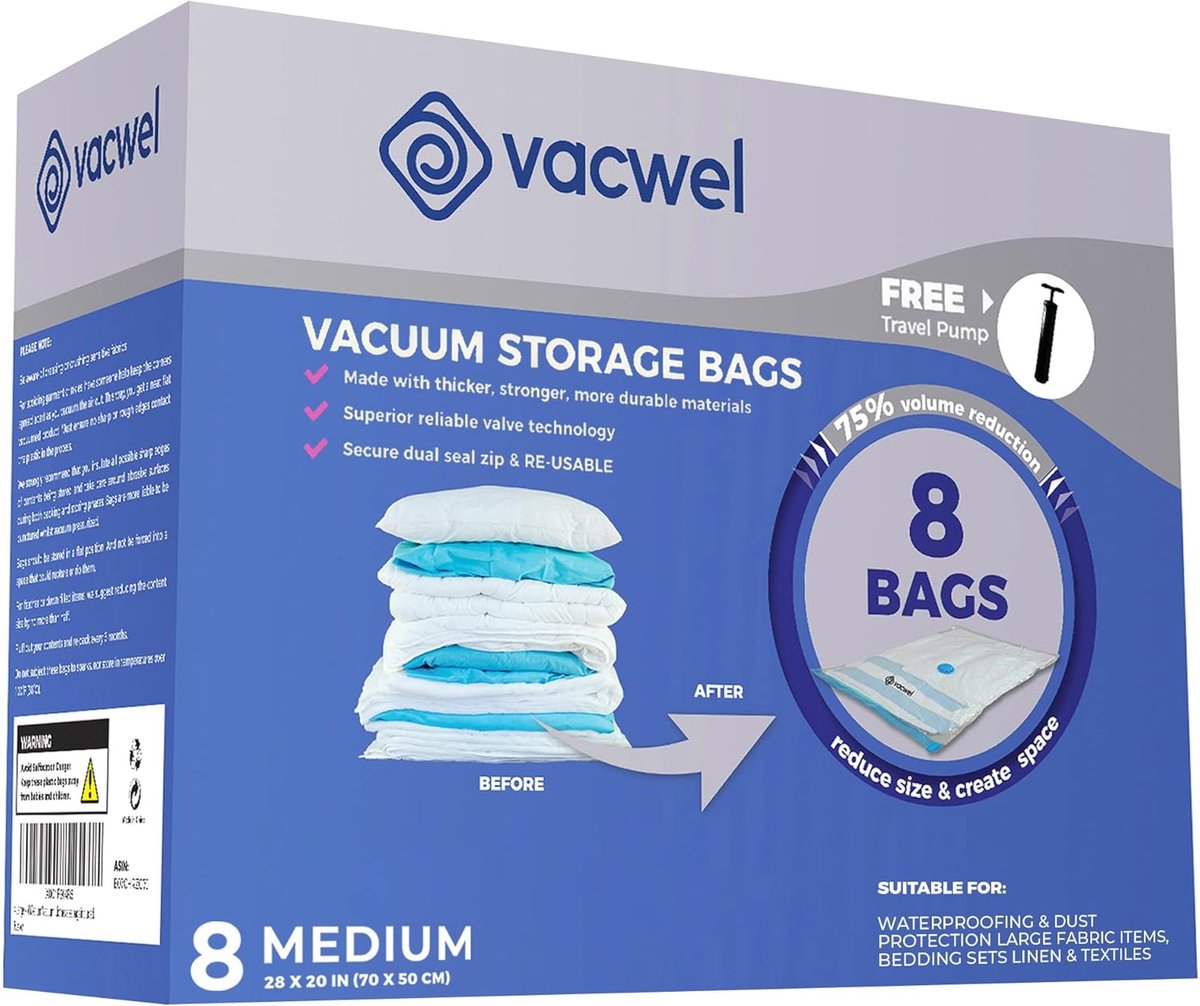 Set van 8 sterke vacuüm opbergzakken voor kleding - Ruimtebesparende opbergloss