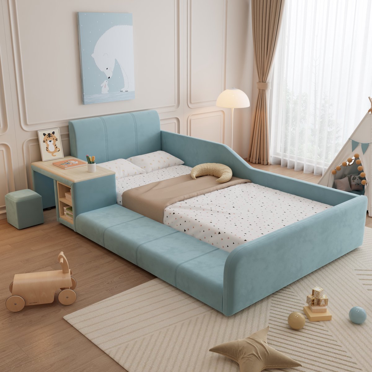 STILVORA Kinderbed 90x200 cm – Met Bureau en Kruk – Veilig Bed met Opbergrek – Fluweel – Blauw Naturel – Zonder Matras