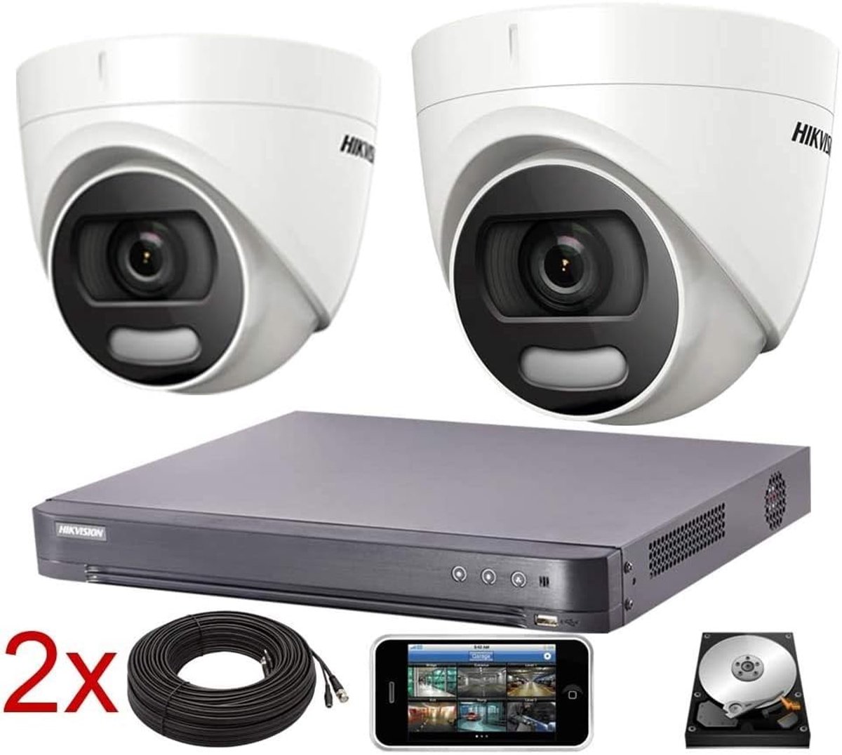 Hikvision CCTV-systeem 4K DVR 5MP ColorVu Dome Camera IP67 20M UK - DS-7204HUHI-K1 - DS-2CE72HFT-F28 (2 camera's, geen HDD)