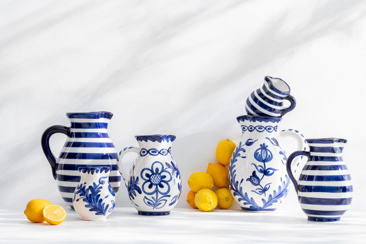 J-Line kruik Granada Stripes - keramiek - wit/blauw - medium