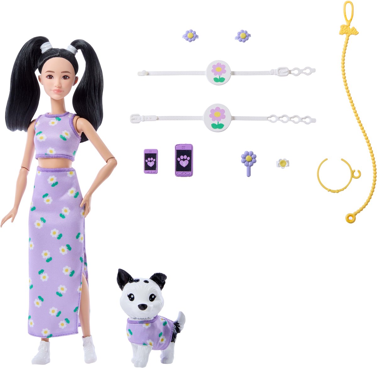 Barbie Matchende Aziatische Outfits Met Een Hondenpop Paars
