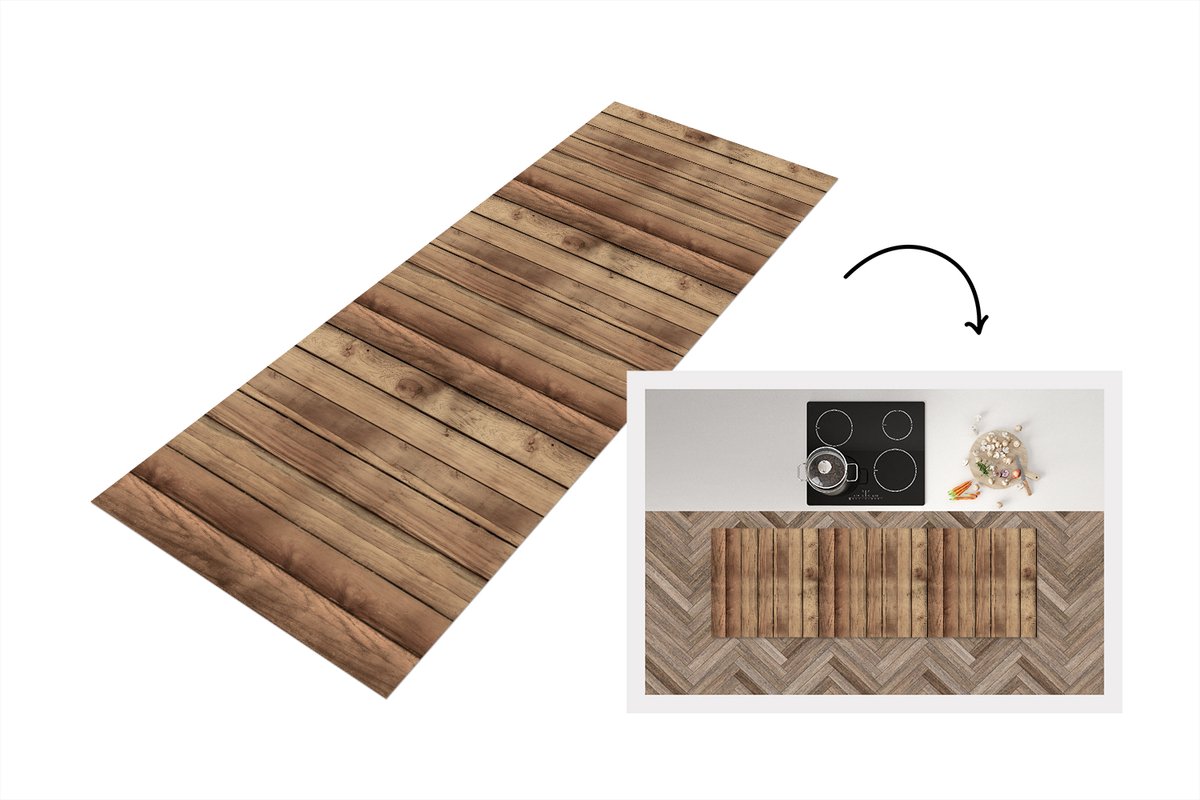 KitchenYeah Keukenloper 180x60 cm - Keukenmat vinyl Hout - Brocante - Patronen - Keukenmatten loper - Keuken vloerkleed tapijt