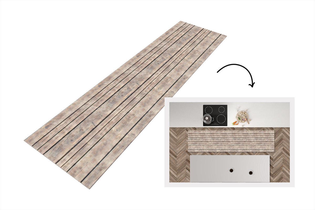 KitchenYeah Keukenloper 200x50 cm - Keukenmat vinyl Brocante - Patronen - Hout - Planken - Keukenmatten loper - Keuken vloerkleed tapijt Planken - Vintage