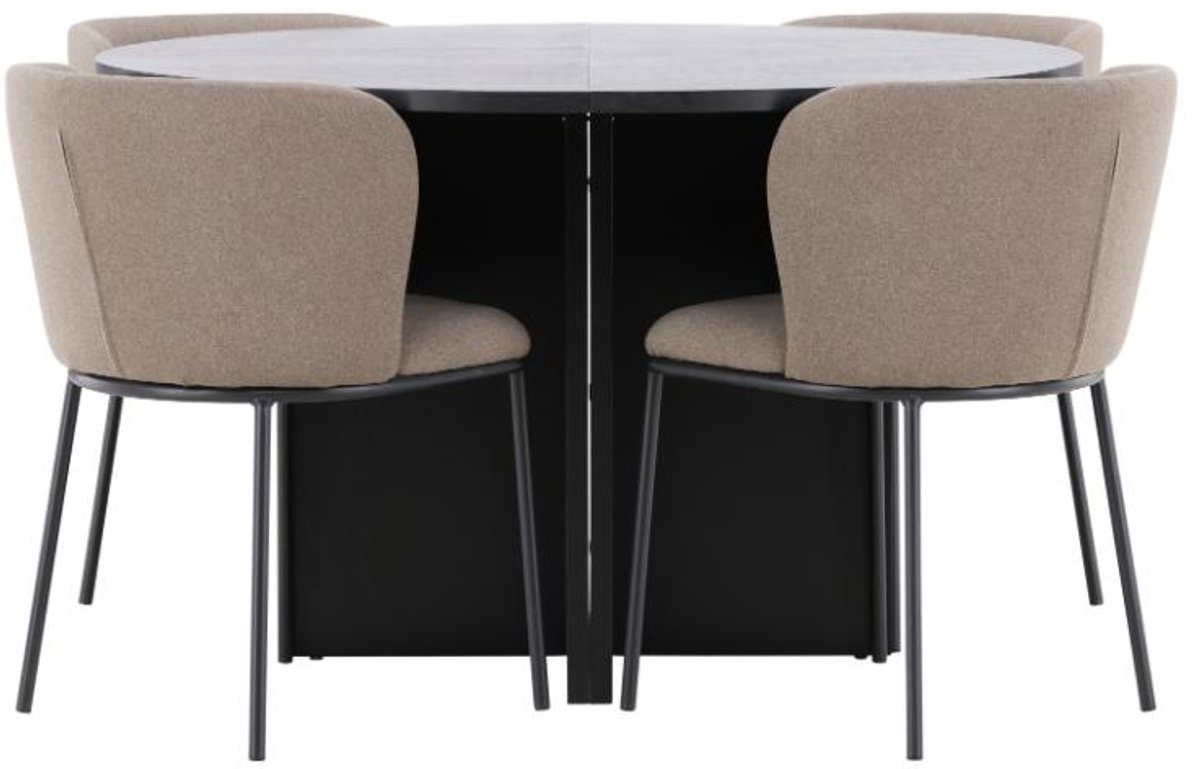 Strada eethoek uittrekbare tafel Ø120cm, 170cm en 4 stoelen zwart, bruin.