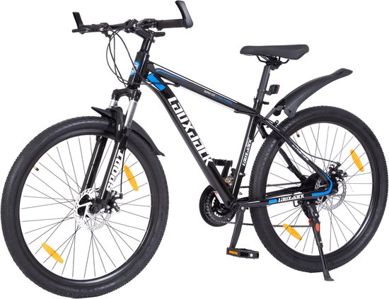 Zwarte mountainbike met blauwe accenten, zadel, schijfremmen en spatborden, staand op de standaard.