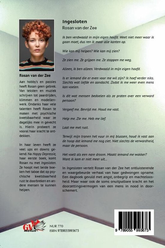 Achterkant van het boek 'Ingesloten' van Rosan van der Zee met een portretfoto.