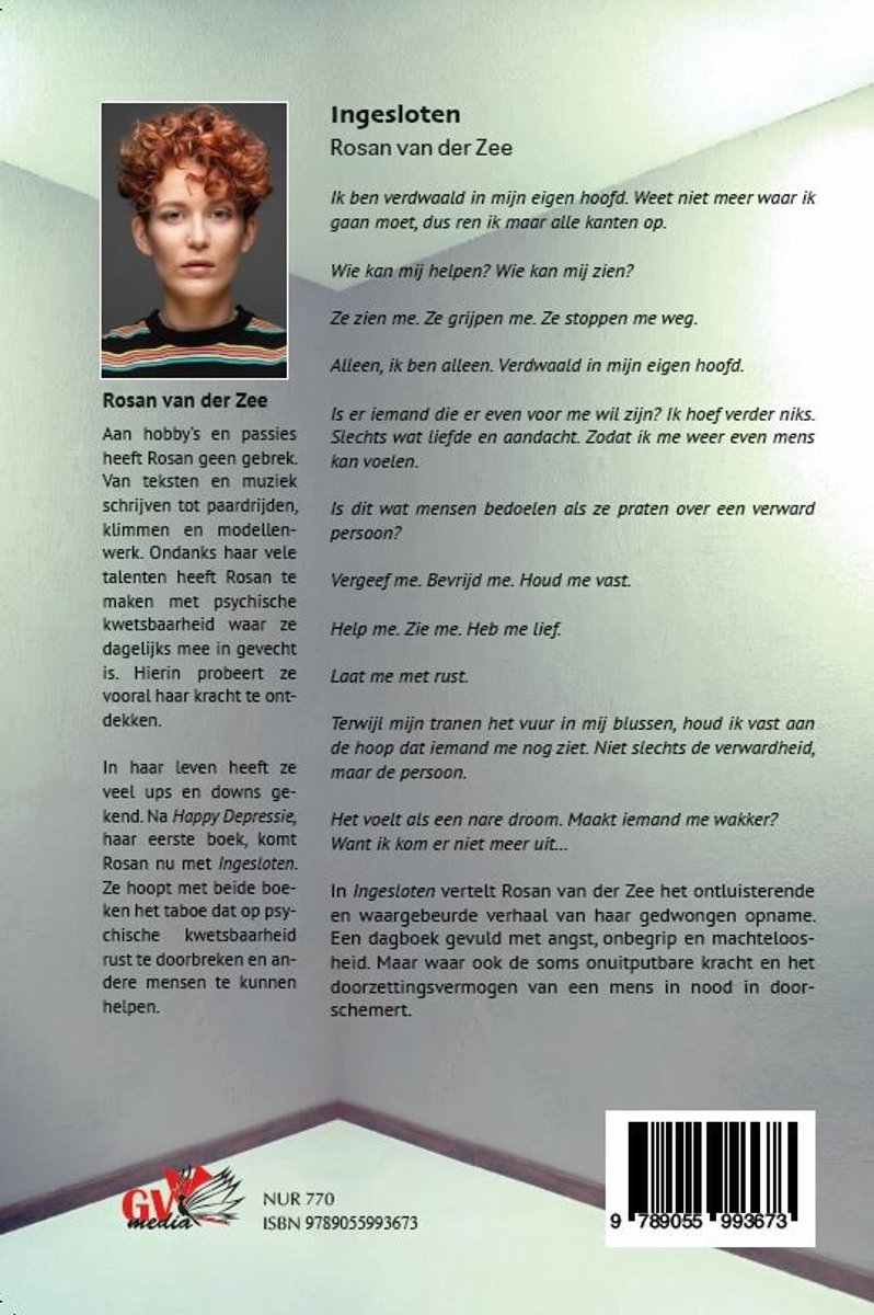 Achterkant van het boek 'Ingesloten' van Rosan van der Zee met een portretfoto.