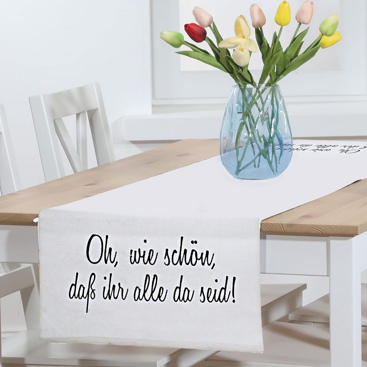 Katoenen Tafelloper Wit met Zwarte Tekst 'Welkom Thuis' - 40x160 cm