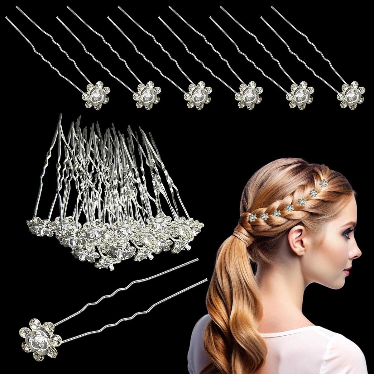 Elegante Haarspelden met Rozenbloem en Kristallen voor Bruiloften en Feesten