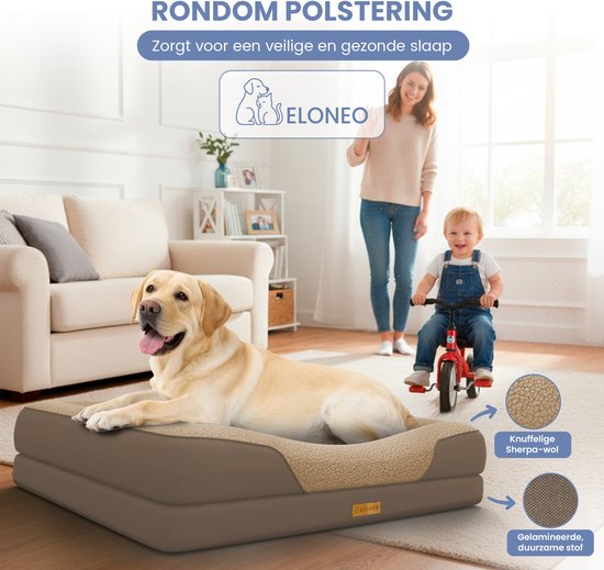 Labrador op een bruin hondenbed met ronde polstering. Vrouw met kind op fiets op achtergrond.